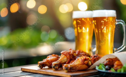 Refreshing Beer and Chicken Wings Enjoyed by a Serene Sunset
