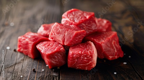 Fresh Cuts of Red Beef Chunks on Dark Wooden Table Ready for Cooking