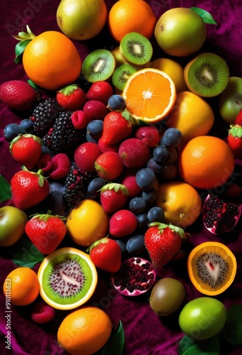 vibrant fruits displayed luxurious background rich colors textures, tropical, berries, citrus, apples, bananas, grapes, peaches, melons, kiwis