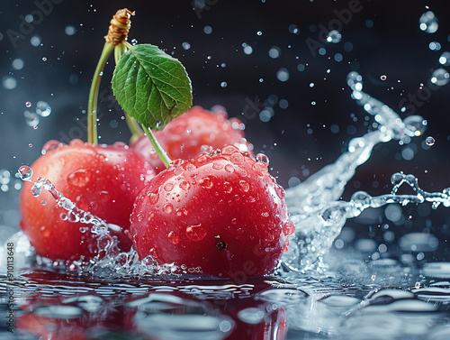 Vibrant MARASCHINO CHERRY splashing with water and ice on elegant black background Close-up of some maraschino cherries photo