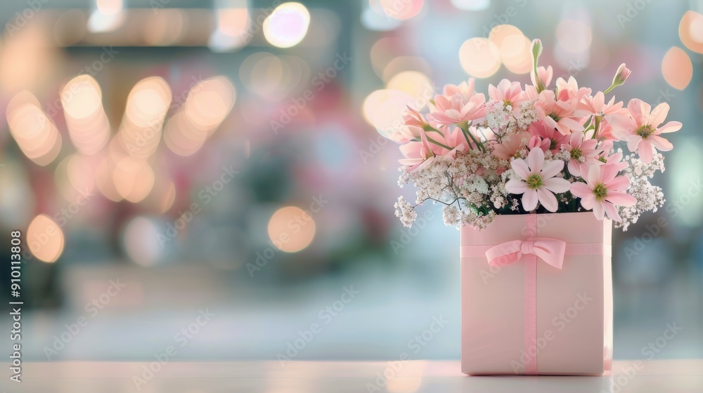 Delicate Pink Cherry Blossom Arrangement in Soft-Focused Background With Warm Bokeh Lights Delicate Pink Cherry Blossom Arrangement in Soft-Focused Background With Warm Bokeh Lights