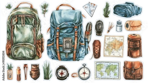 Adventure Travel Sticker Set: A dynamic set of watercolor