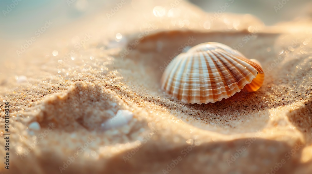 A seashell rests on a sandy beach, bathed in warm sunlight. A seashell rests on a sandy beach, bathed in warm sunlight.