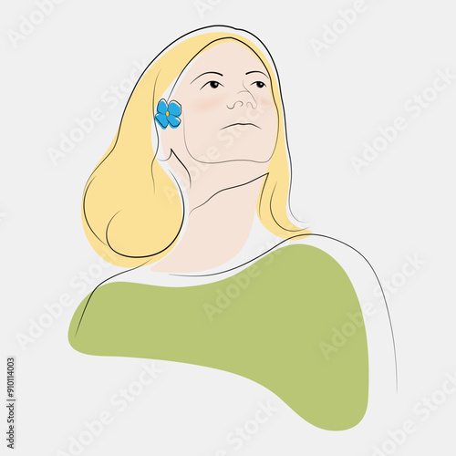 Portrait of blonde woman with blue flower in her hair, looking upward. Calm and thoughtful facial expression. Abstract minimalistic isolated illustration with clean lines and muted colors.