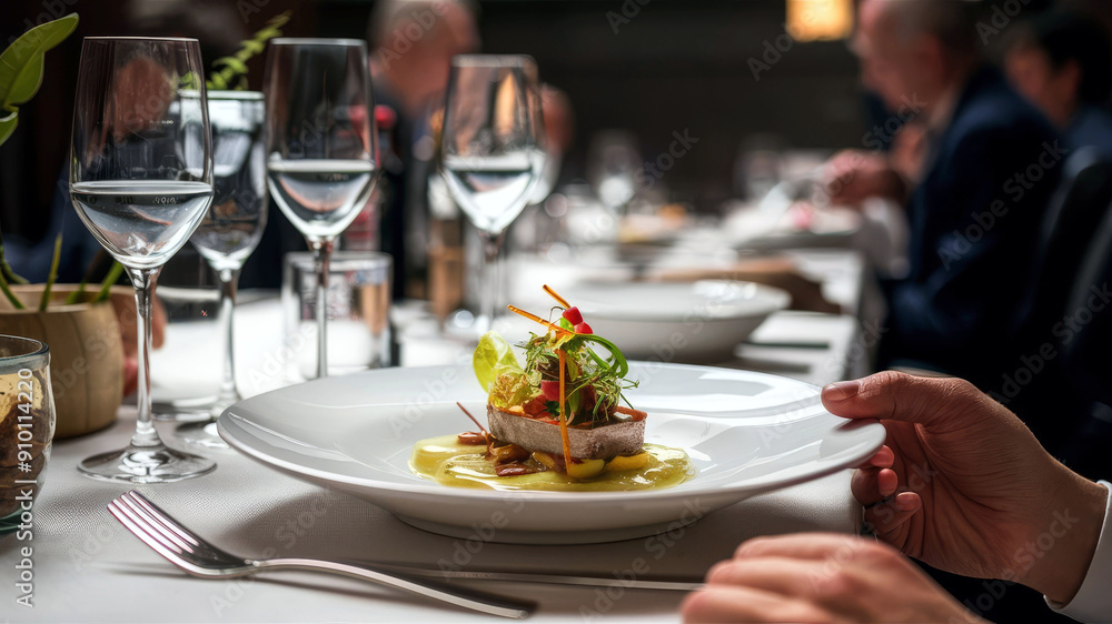 A collection of gourmet dishes served in a fine dining restaurant. Elegant presentation with sophisticated table settings. A collection of gourmet dishes served in a fine dining restaurant. Elegant presentation with sophisticated table settings.