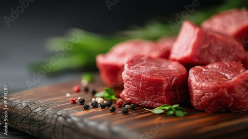 Fresh Cuts of Red Beef Chunks on Dark Wooden Table Ready for Cooking