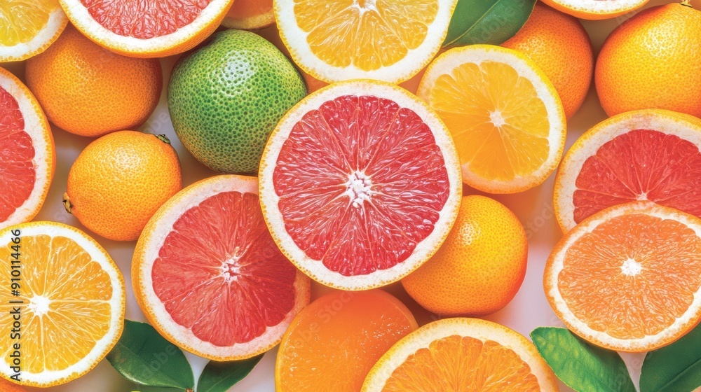 Citrus fruit medley of oranges, grapefruits, lemons with fresh leaves Citrus fruit medley of oranges, grapefruits, lemons with fresh leaves