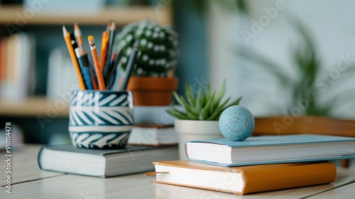 Stacked Books With Potted Plant Against Blurred Background of a Cozy Library