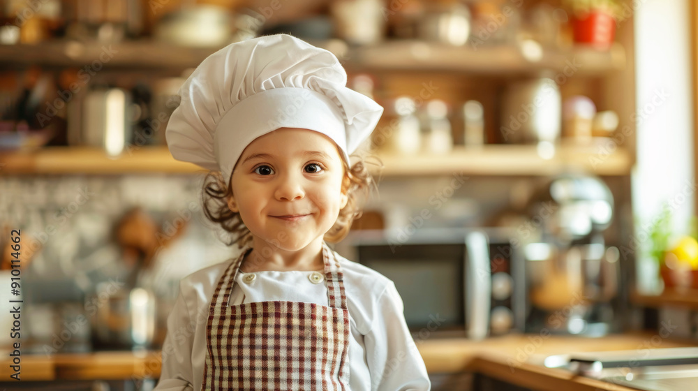 A young child dressed as a chef, wearing a chef's hat and apron, standing in a kitchen. A young child dressed as a chef, wearing a chef's hat and apron, standing in a kitchen.