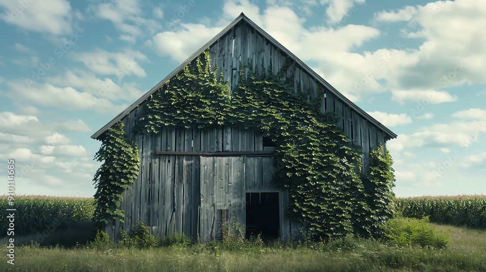 A weathered wooden barn, partially covered in vines, stands in a field against a blue sky. A weathered wooden barn, partially covered in vines, stands in a field against a blue sky.