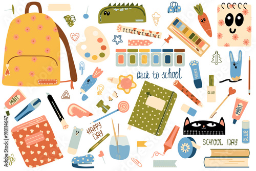 Colorful Back to School Supplies and Stationery Vector Illustration