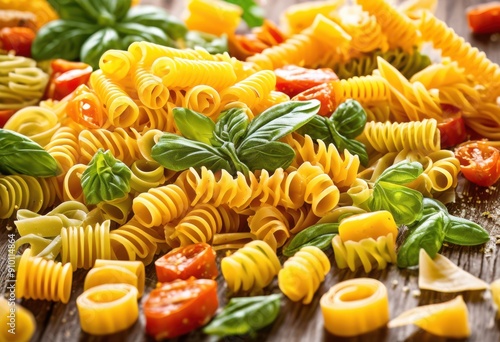 colorful vibrant display assorted pasta types including spaghetti various shapes sizes, fusilli, penne, farfalle, rotini, macaroni, tagliatelle photo