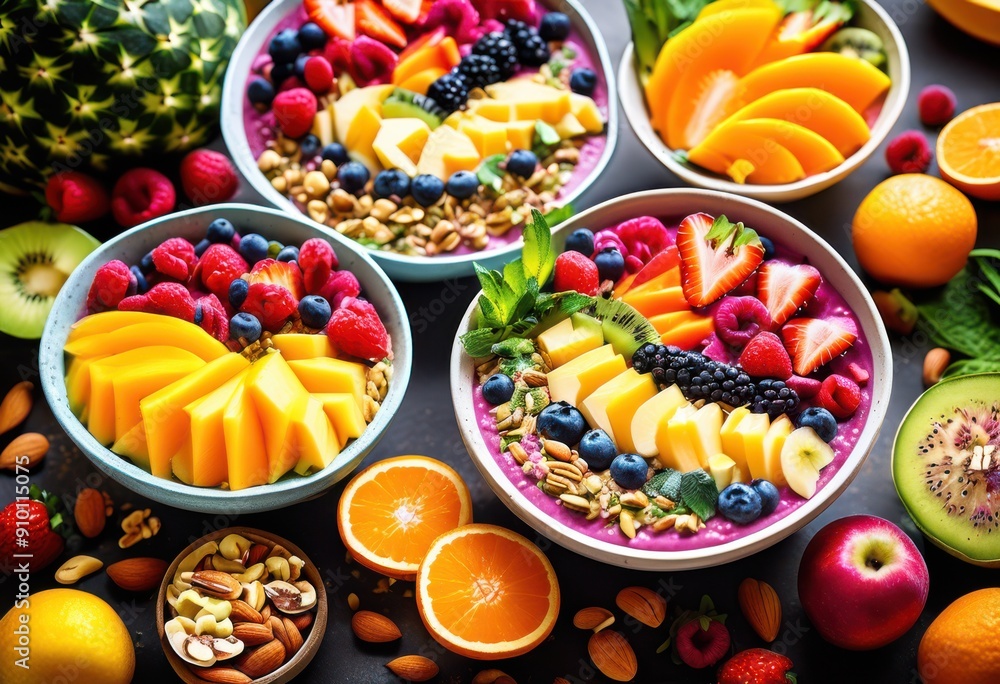 colorful stacked smoothie bowls displayed lively background featuring vibrant hues fresh ingredients, fruit, berries, banana, kiwi, spinach, yogurt, nuts colorful stacked smoothie bowls displayed lively background featuring vibrant hues fresh ingredients, fruit, berries, banana, kiwi, spinach, yogurt, nuts