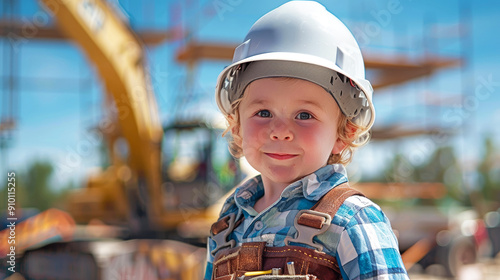 A young child dressed as a builder, wearing a hard hat and tool belt, standing at a construction site.  photo