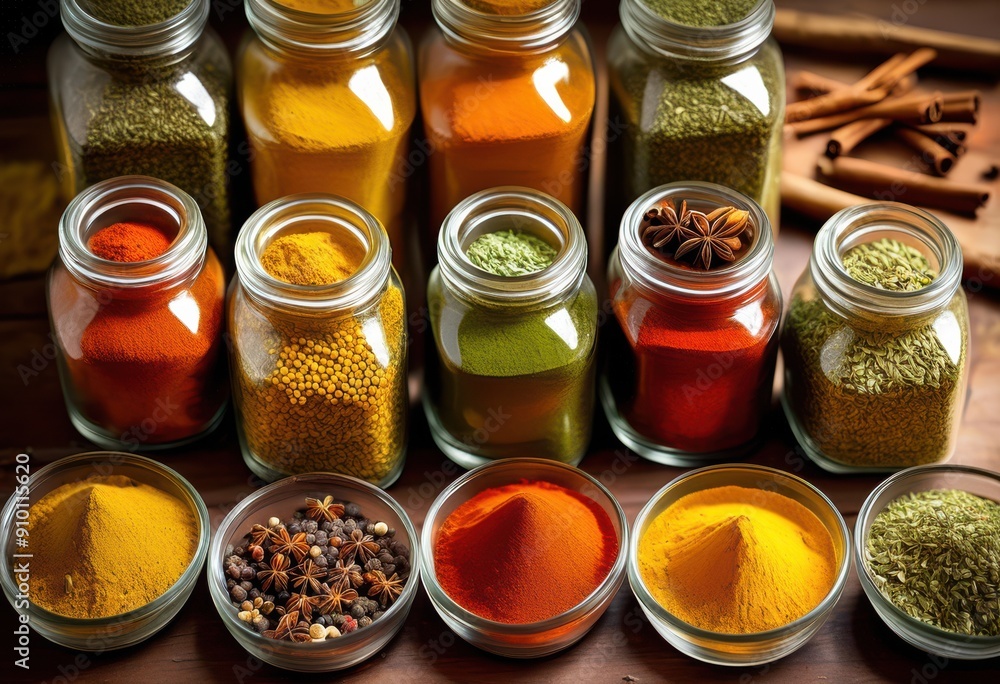 vibrant spice assortment displayed clear containers intriguing shadows creating colorful culinary presentation, colors, vibrancy, herbs, seasonings, jars vibrant spice assortment displayed clear containers intriguing shadows creating colorful culinary presentation, colors, vibrancy, herbs, seasonings, jars