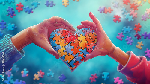 International Mental Health Day. The hands of a child and an old man hold a heart made of puzzles on a blue background. The concept of love and self-care, peace of mind and balance. photo