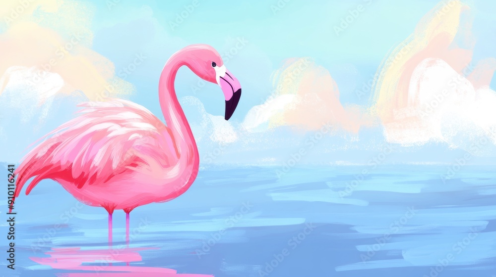 Fototapeta premium Serene flamingo at dawn the tranquil waters