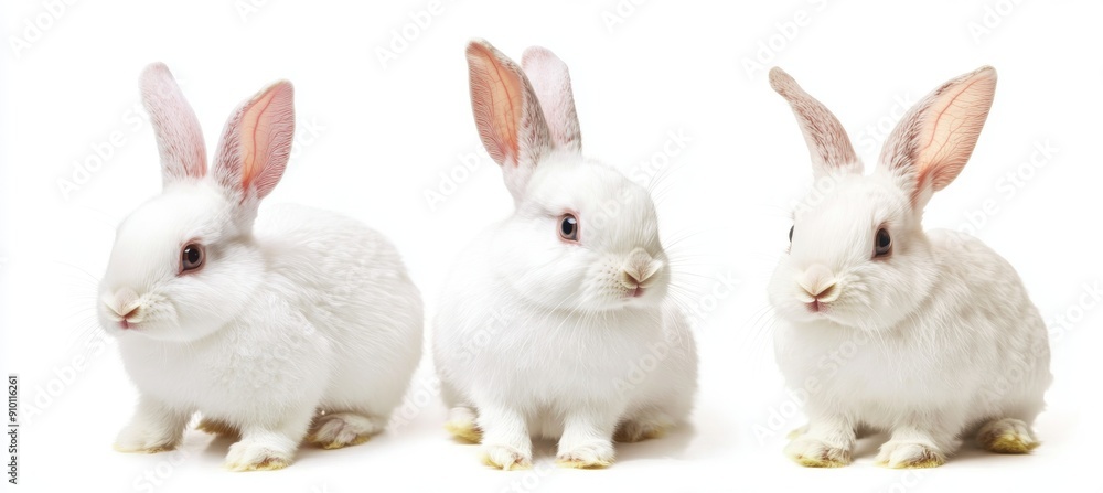 A collection of three white rabbits (portraits and sitting), isolated on a white background A collection of three white rabbits (portraits and sitting), isolated on a white background