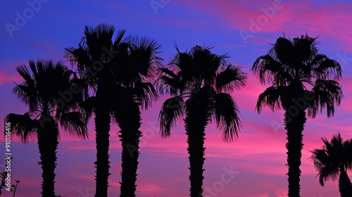 Tropical Sunset Silhouette: Palm Trees Against Vibrant Sky