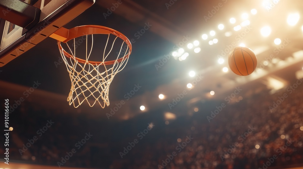 Fototapeta premium A basketball flies through the air, heading towards the hoop during an intense moment of a competitive game in a bustling sports arena