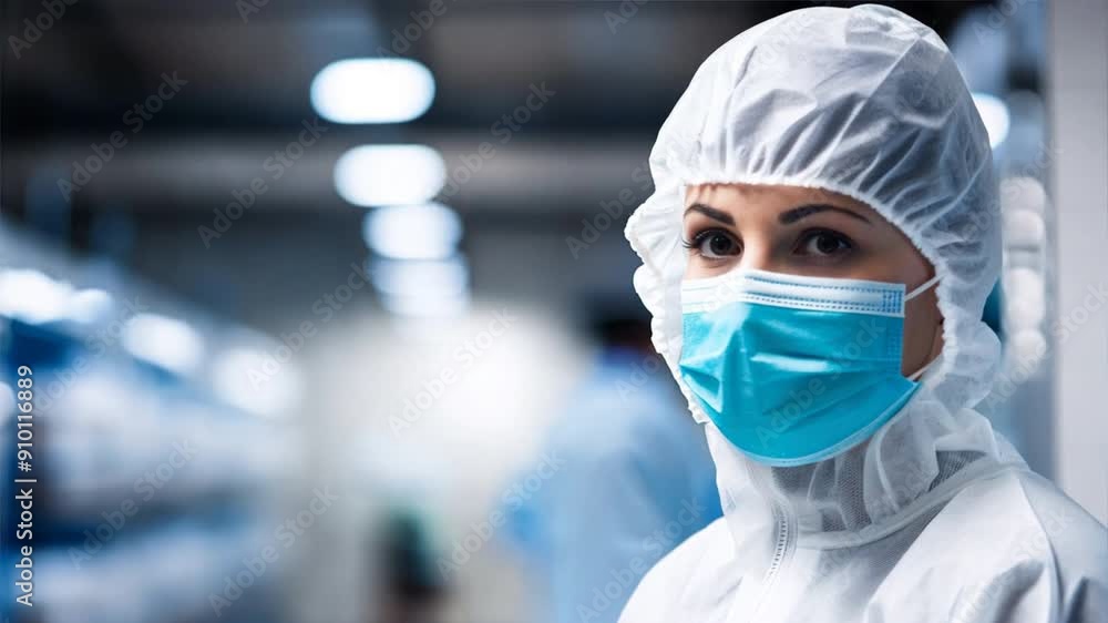 Employee, a food processing plant wears a protective uniform, hairnet, and mask while inspecting production lines Employee, a food processing plant wears a protective uniform, hairnet, and mask while inspecting production lines