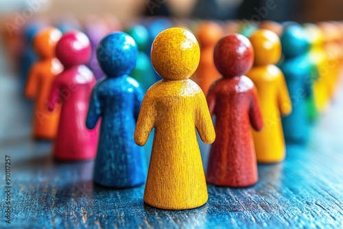 Colorful Wooden Figures in a Row: A close-up shot of colorful wooden figures in a row, symbolizing unity, diversity, and community. The vibrant colors and warm wooden texture create a sense of togethe photo