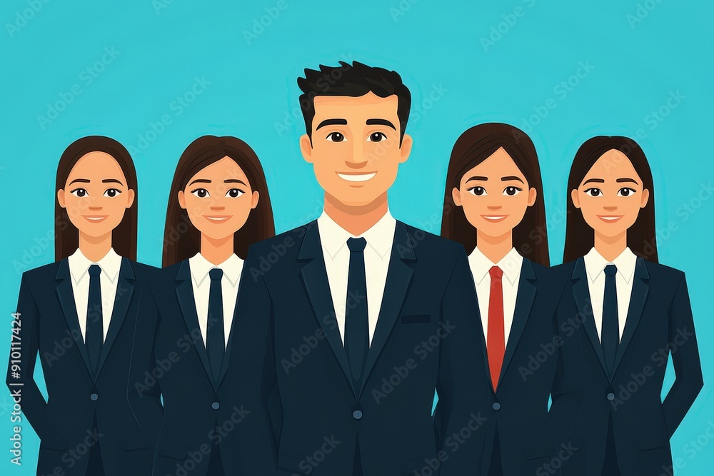 Business Leader with Team: A confident and successful businessman stands tall in front of his dedicated team, symbolizing their united strength and shared vision. Business Leader with Team: A confident and successful businessman stands tall in front of his dedicated team, symbolizing their united strength and shared vision.