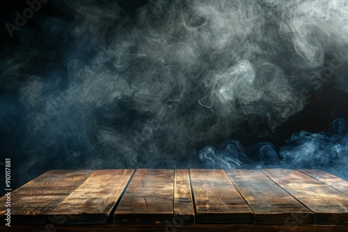 empty wooden table with smoke floating up on a dark background, Halloween, product presentation 