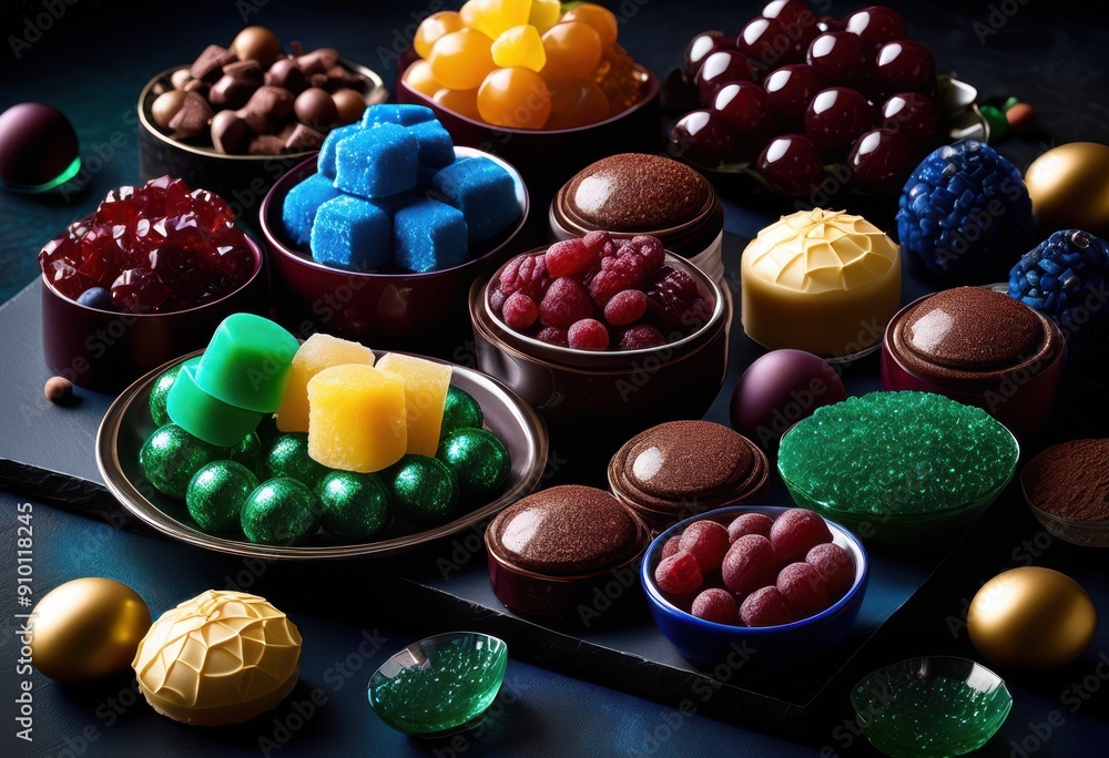 elegant arrangement luxurious sweets slate surface showcasing rich colors textures gourmet experience, desserts, chocolate, pastries, candies, confections