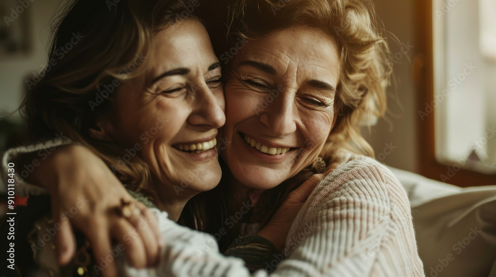Two women share a heartfelt hug, their expressions conveying genuine happiness and closeness, bathed in warm, serene indoor light. Two women share a heartfelt hug, their expressions conveying genuine happiness and closeness, bathed in warm, serene indoor light.