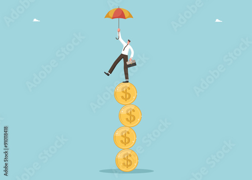 Stabilizing the economy during stock market downturn, financial improvement, finding a survival strategy during a crisis, solving problems of declining business value, man balancing on stack of coins.