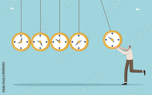 Managing work time and planning working day, observing calendar schedule and meeting project deadlines, time management, employee productivity per unit of working time, man launches clocks like balls.