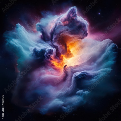 A mesmerizing cosmic cloud with vibrant colors radiating bright orange and deep blue hues, evoking a sense of wonder and mystery.