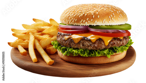 Big Beef burger with french fries isolated on transparent background, png