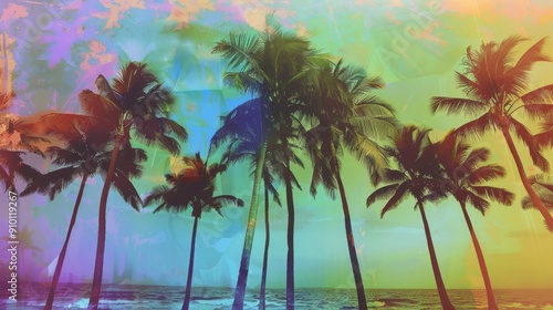 Vibrant Tropical Paradise: Palm Trees and Ocean at Sunset