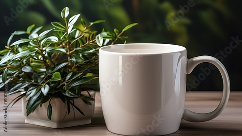 Minimalist coffee mugs with green plants.