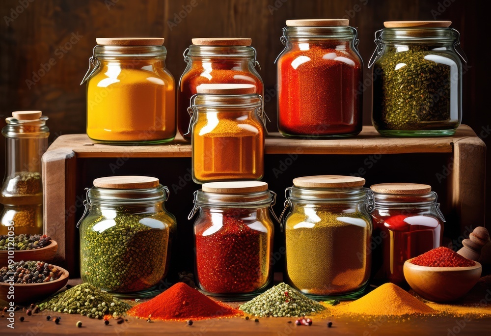 premium spice assortment elegant glass jars featuring vibrant colors rich textures culinary delights gourmet cooking, spices, herbs, seasonings, blends premium spice assortment elegant glass jars featuring vibrant colors rich textures culinary delights gourmet cooking, spices, herbs, seasonings, blends