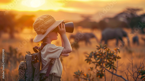 A young child dressed as a zoologist, wearing a safari hat and holding binoculars, standing in a wildlife reserve.