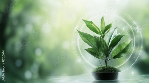 A small plant with green leaves growing in a pot, with a blurred background of green trees and sunlight. photo