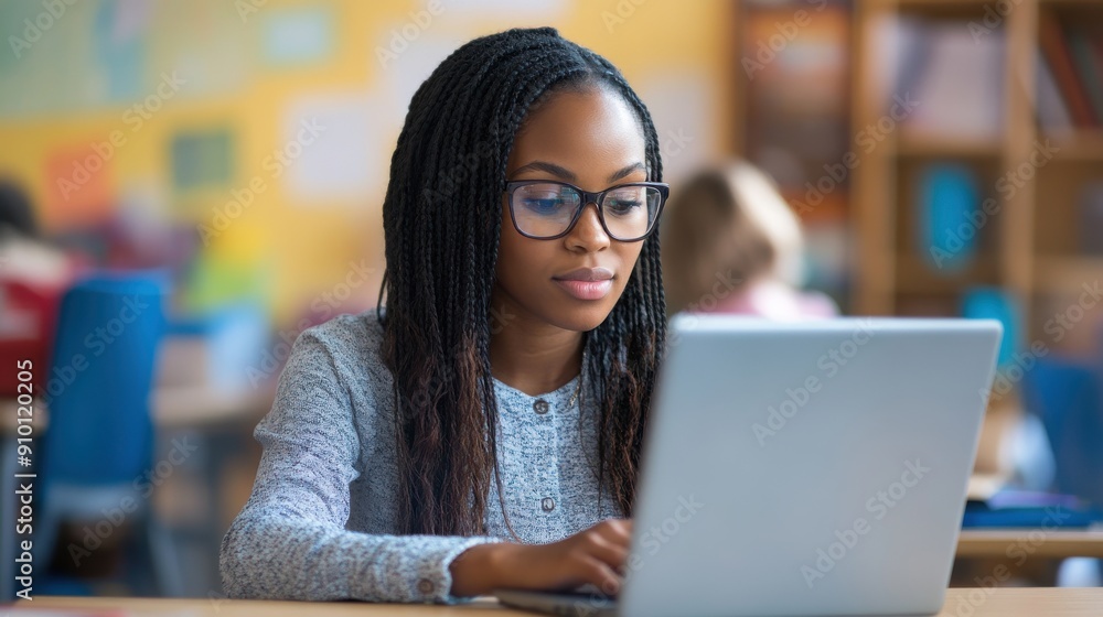 A young African American teacher sitting at her desk in a modern classroom, working on a laptop, preparing lesson plans, and utilizing digital resources to enhance her teaching methods A young African American teacher sitting at her desk in a modern classroom, working on a laptop, preparing lesson plans, and utilizing digital resources to enhance her teaching methods