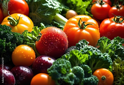 vibrant macro shot fresh natural vegetables illuminated sunlight showcasing rich colors textures, green, red, yellow, orange, bell, pepper, tomato, cucumber