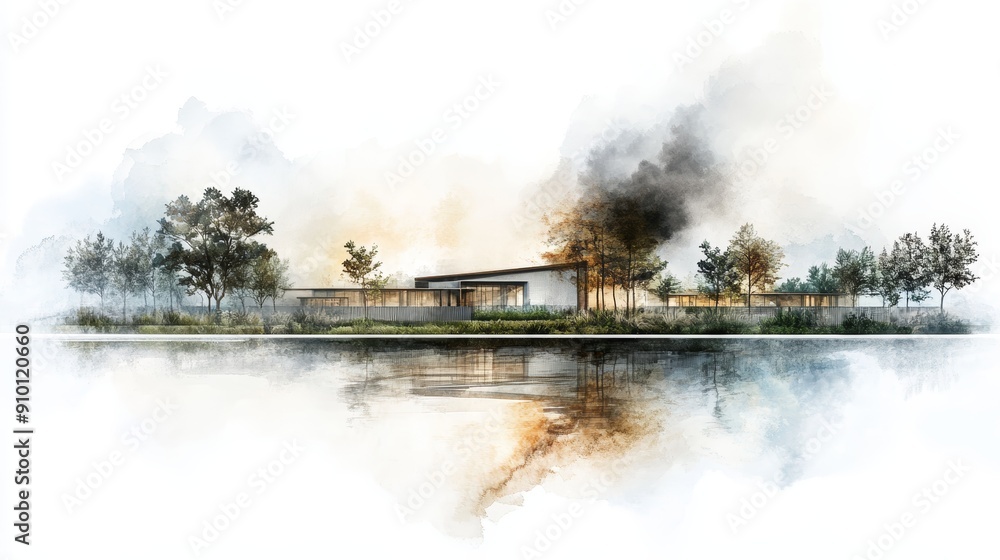Watercolor illustration of a modern house with trees and a lake in the foreground. Watercolor illustration of a modern house with trees and a lake in the foreground.