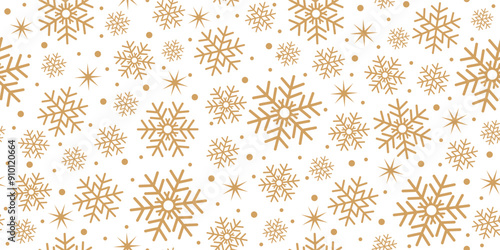 Seamless Christmas pattern with golden snowflakes on white background. Minimal art banner. Holiday background for wrapping paper, wallpaper, modern Xmas design.