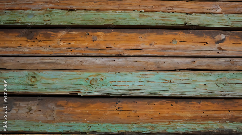 Obraz premium Close-up of weathered wood planks with peeling paint, rustic and textured, with copy space