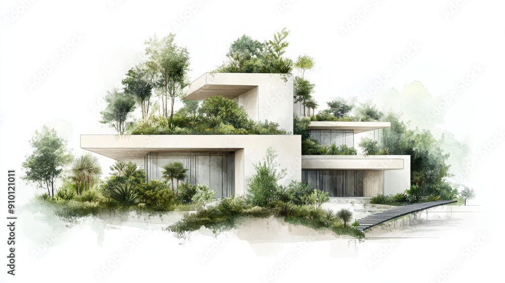 A modern, minimalist house with a green roof, surrounded by lush greenery. A modern, minimalist house with a green roof, surrounded by lush greenery.