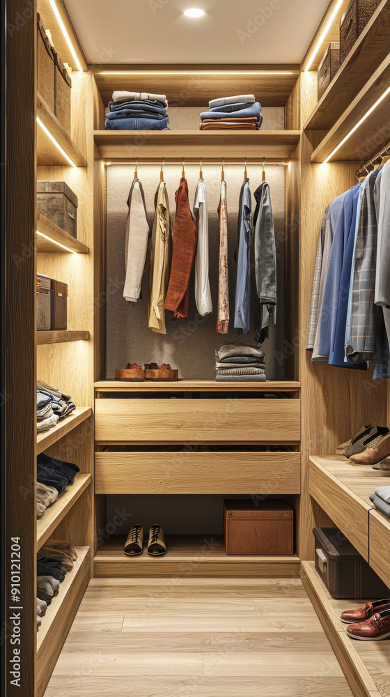 A small walk in closet with a wooden shelf and a wooden drawer A small walk in closet with a wooden shelf and a wooden drawer