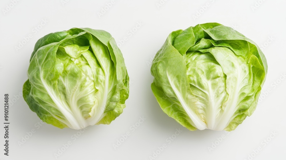Halved butterhead lettuce, revealing the soft, tender leaves with a slight curl at the edges. The delicate texture stands out against a white backdrop Halved butterhead lettuce, revealing the soft, tender leaves with a slight curl at the edges. The delicate texture stands out against a white backdrop