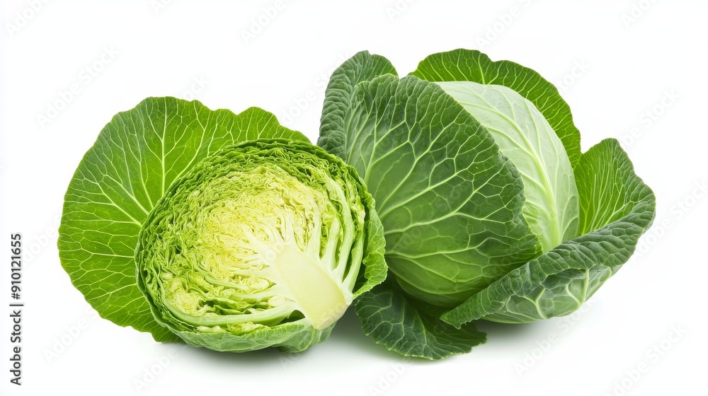 Halved green cabbage with vibrant, tightly packed leaves. The layers are intricately detailed, showing the freshness of the vegetable, isolated on a white background Halved green cabbage with vibrant, tightly packed leaves. The layers are intricately detailed, showing the freshness of the vegetable, isolated on a white background