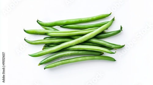 Halved green beans, meticulously arranged to showcase the vibrant green and seeds inside. Displayed on a pure white backdrop