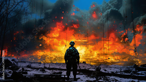 soldiers in the uniform, back view, standing in front of a huge fire